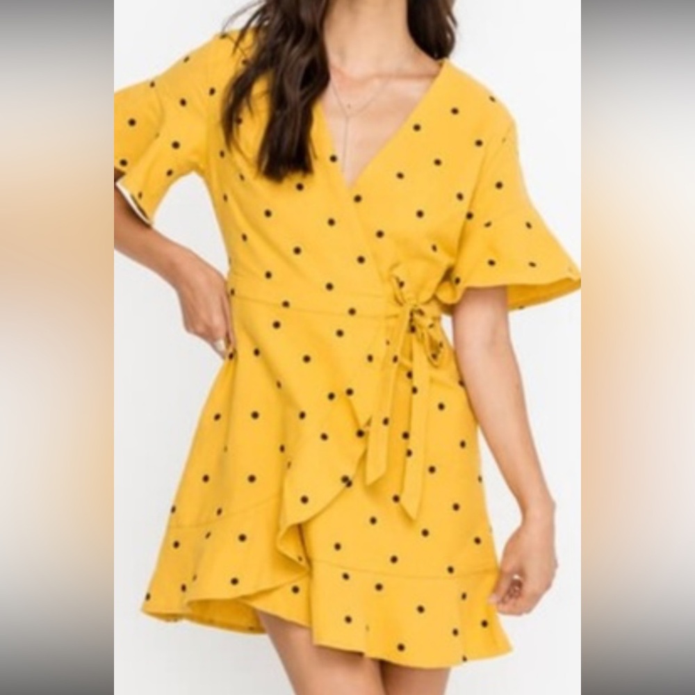 Lush Asymmetrical Yellow Dress with Black Dots